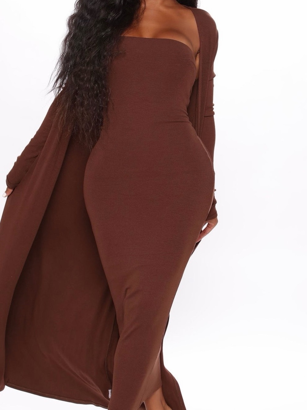 Fashion Nova Strapless Brown Midi Dress with Matching Duster - Picture 3 of 5